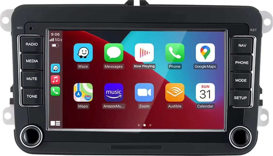 Android-bilstereo med 7-tumsskärm och CarPlay, sedd rakt framifrån
