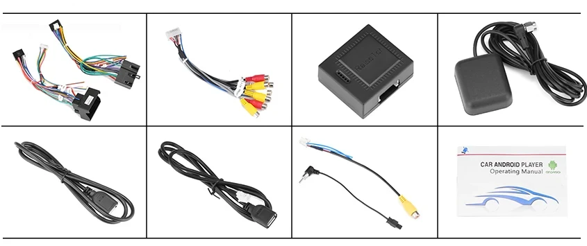 Tillbehören som ingår: kabelstam, canbus-box, RCA-kablage, GPS-antenn, två USB-kablar, kamerakabel och manual